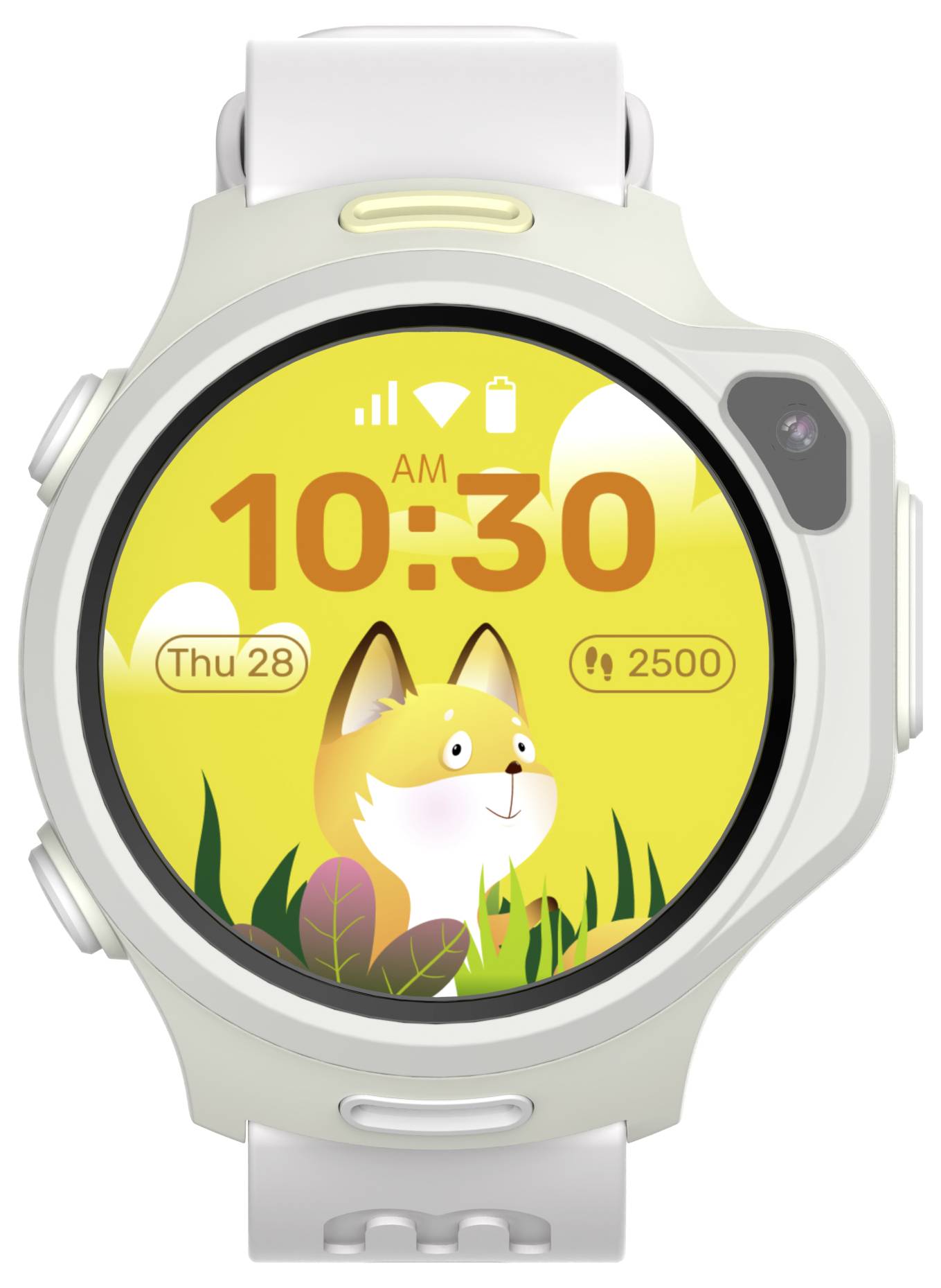 Un écran de montre connectée affichant un fond jaune avec un renard dessiné en cartoon, '10:30', des pas de fitness '2500', et la date 'Jeu 28'.