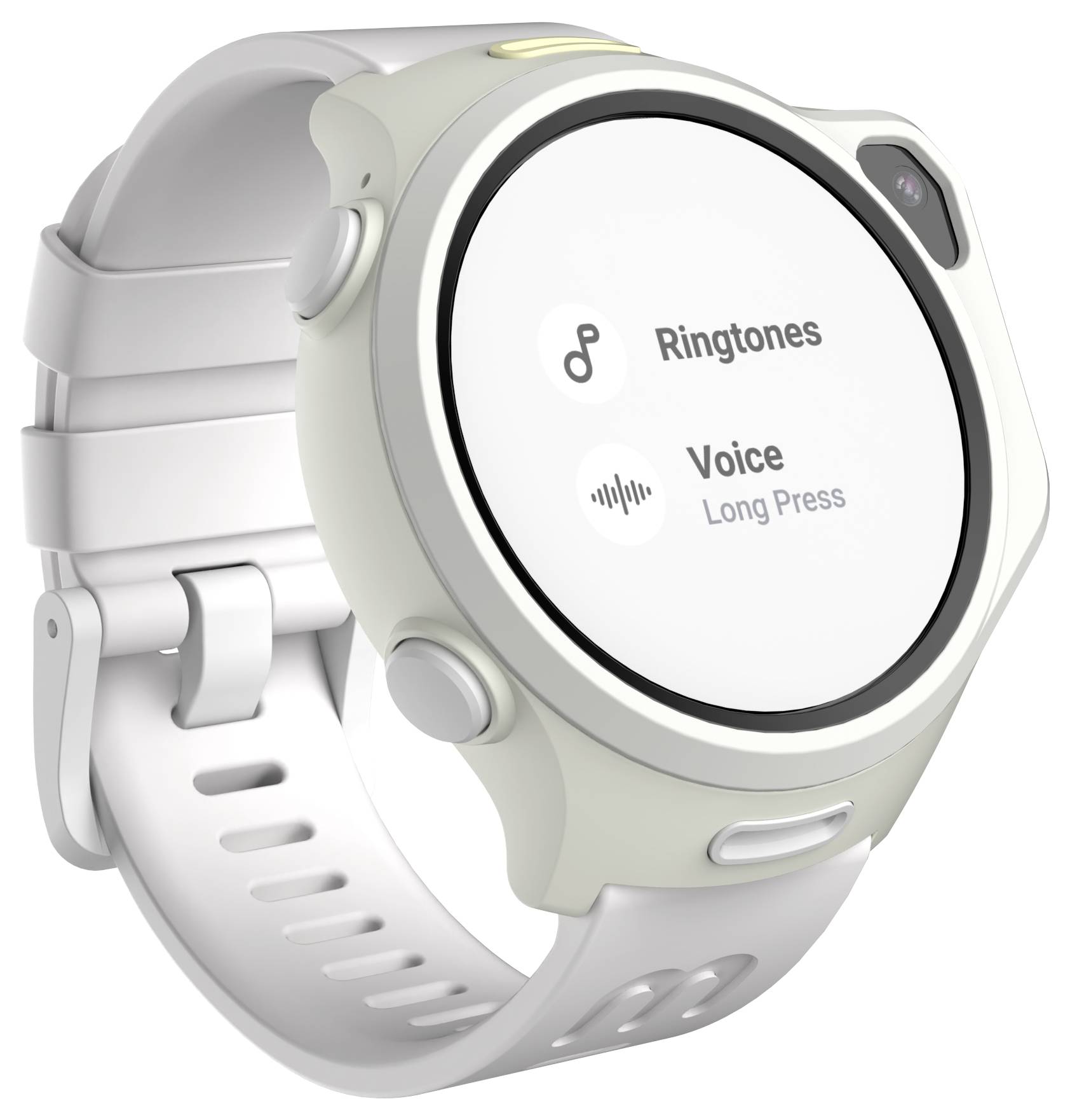 Une montre connectée affichant des options pour « Sonneries » et « Voix » avec « Appui long ». Elle est dotée d'un bracelet blanc et de boutons latéraux.