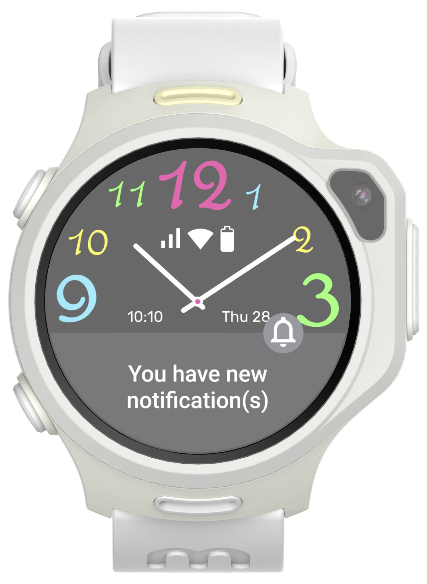 Montre connectée avec des chiffres colorés affichant l'heure à 10h10, la date à 'Jeu 28', une alerte de notification, et des icônes de wifi et de batterie.
