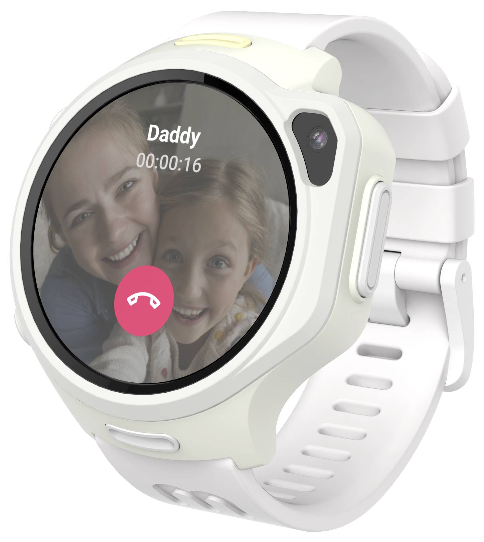 Montre connectée affichant un appel vidéo en cours avec deux enfants souriants à l'écran et le nom du contact « Papa ».