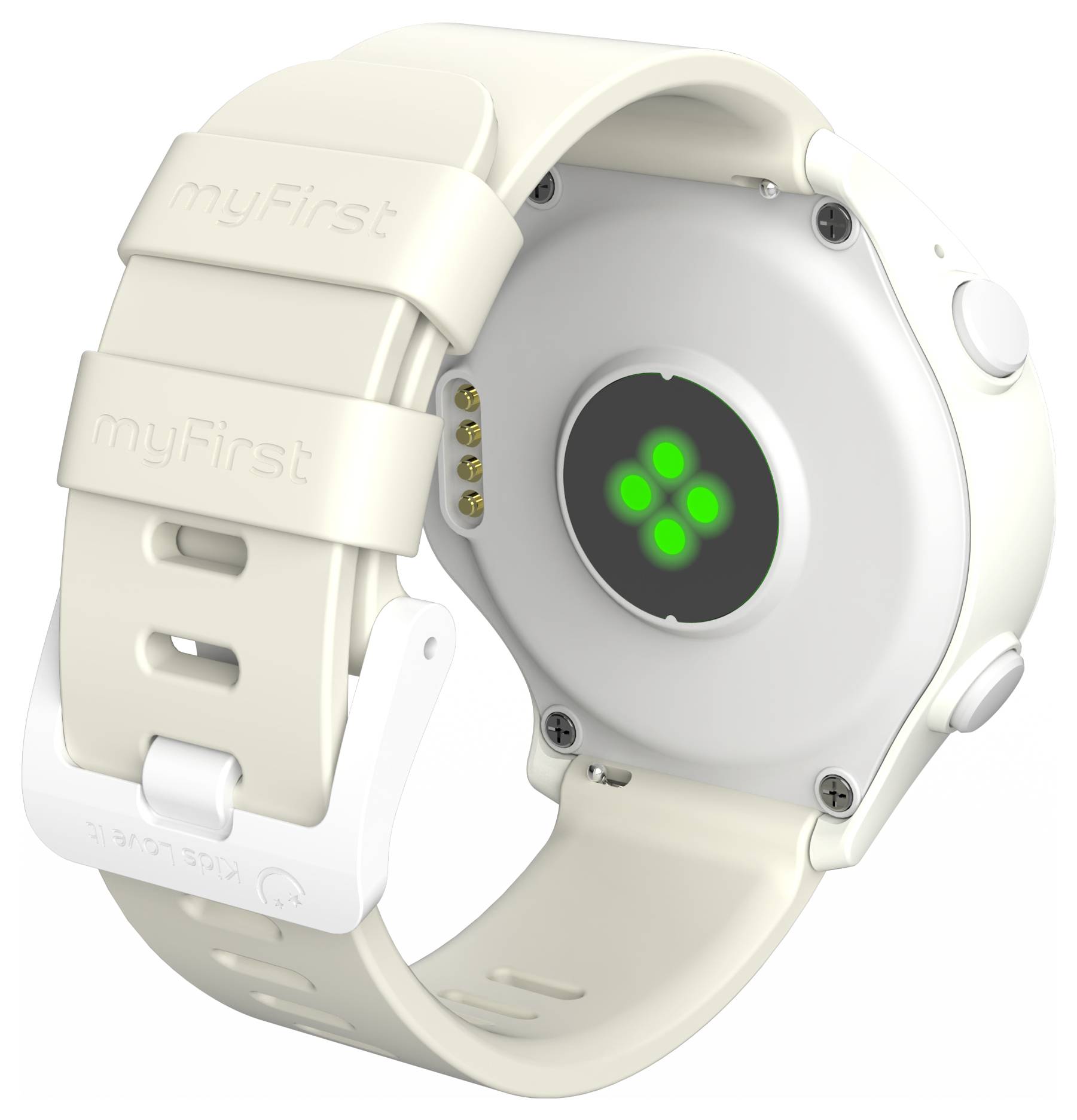 Une montre connectée avec un bracelet blanc et un capteur à l'arrière, conçue pour les enfants, présentant un affichage circulaire avec quatre points verts.