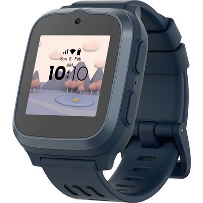 «Une montre connectée affichant un fond d'écran sur le thème de la nature, l'heure 10:10 du matin, et la date dim. 8 fév. avec un bracelet en caoutchouc bleu.»