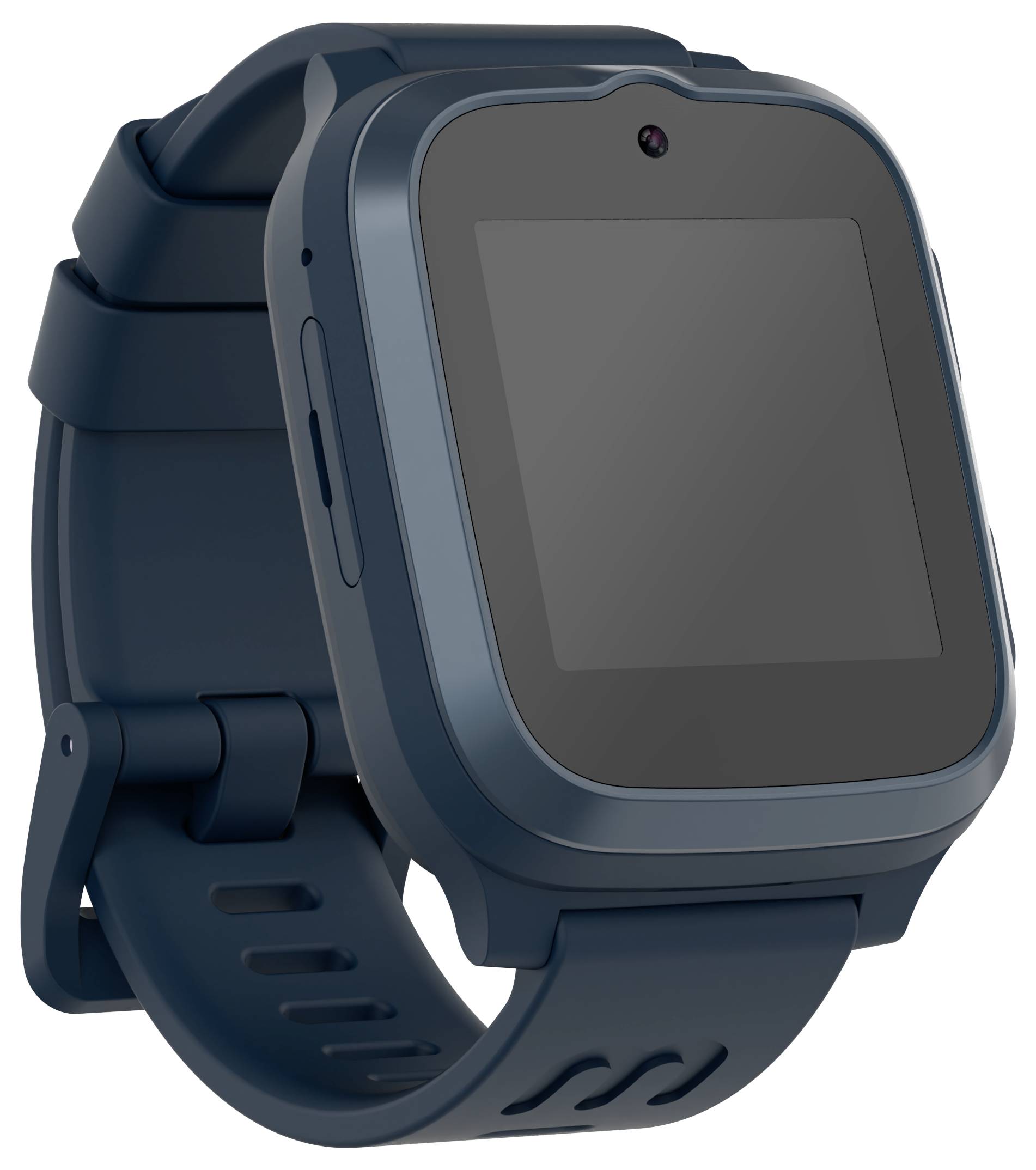 Une montre connectée bleu foncé avec un écran tactile rectangulaire et une bracelet ajustable. Le cadran de la montre est vide, indiquant qu'elle est éteinte.