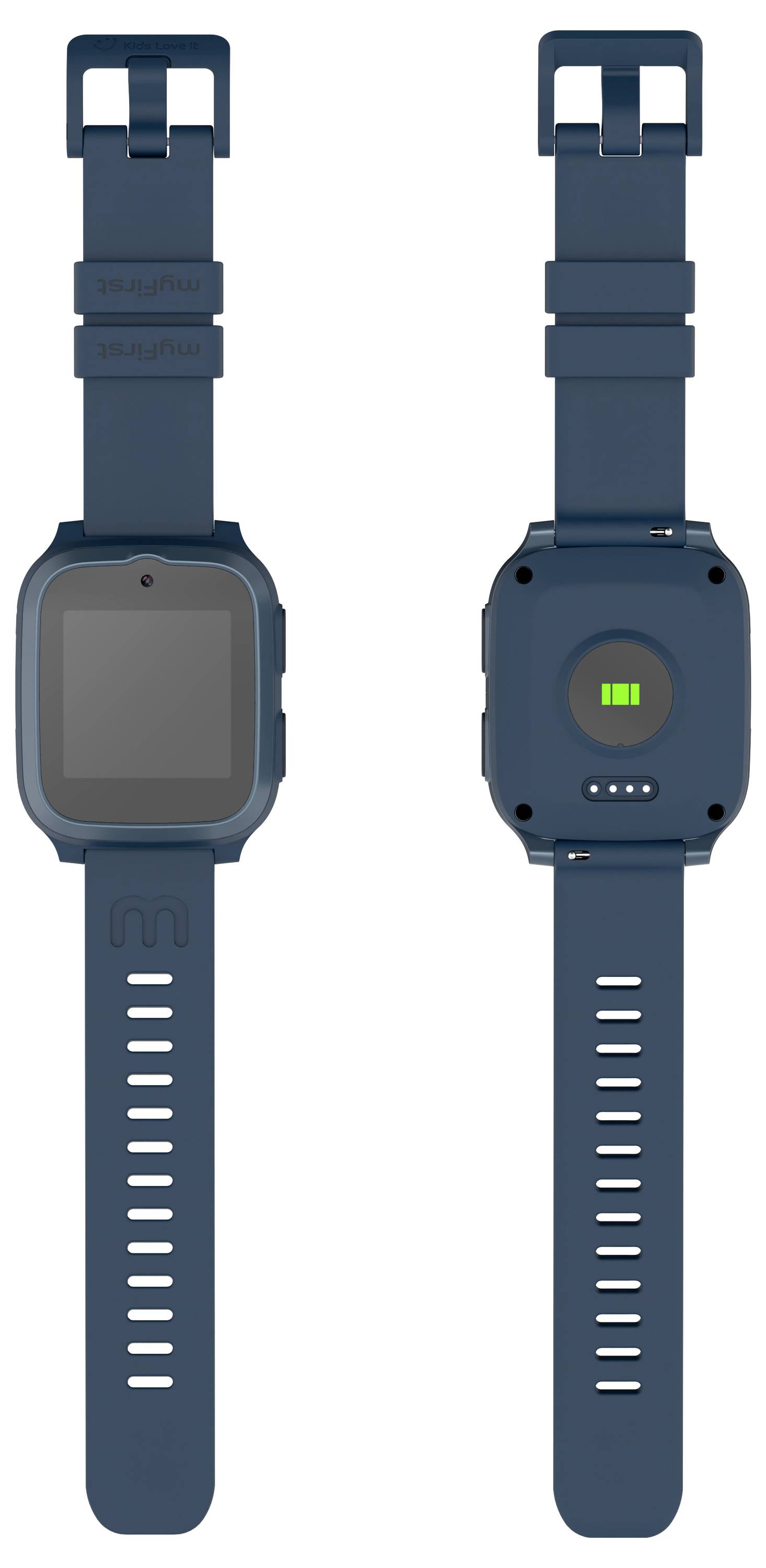 Vue avant et arrière d'une smartwatch bleue avec un écran rectangulaire et des bracelets ajustables. La face arrière présente un capteur de fréquence cardiaque.