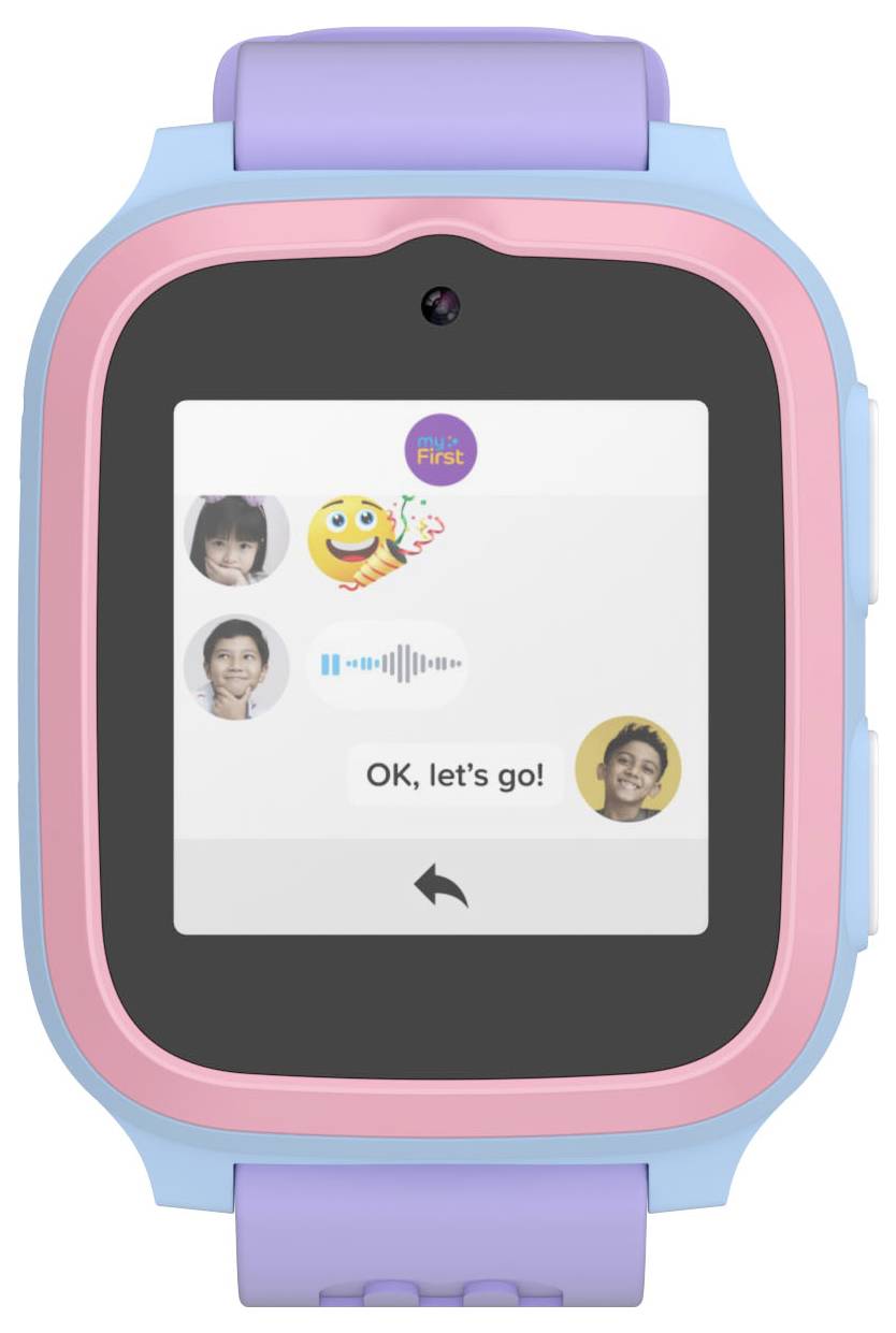 Une montre connectée affichant un écran de messagerie avec des photos de profil, un emoji, une forme d'onde de message audio, un texte indiquant « D'accord, on y va ! » et une flèche de retour.