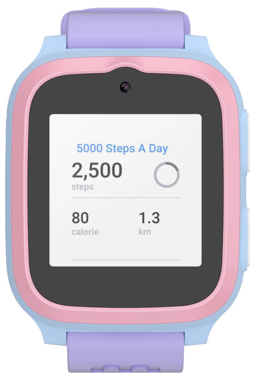 Une montre connectée avec un boîtier rose et bleu affiche des données de fitness : « 5000 Pas par Jour ». Elle indique 2 500 pas, 80 calories et 1,3 km.
