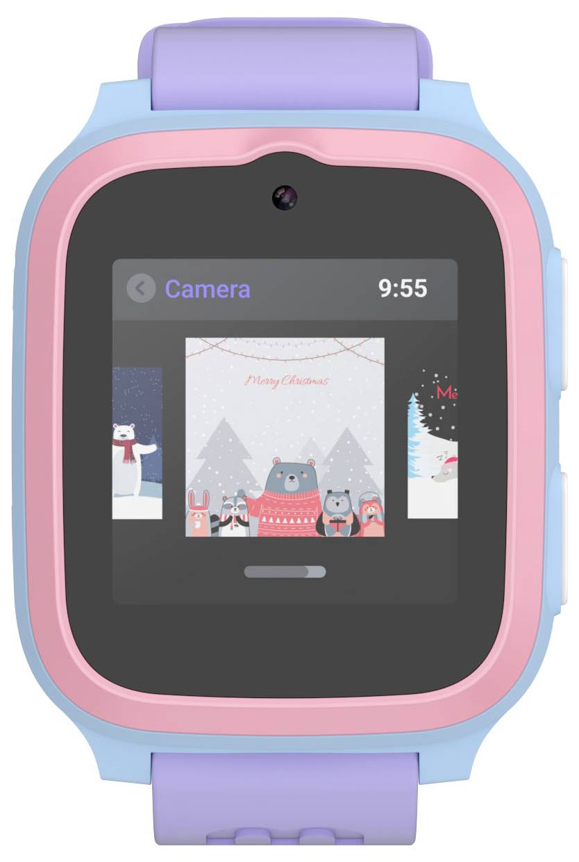 Une montre connectée avec un bracelet coloré affiche une image festive représentant des animaux portant des vêtements d'hiver et le texte « Joyeux Noël ».