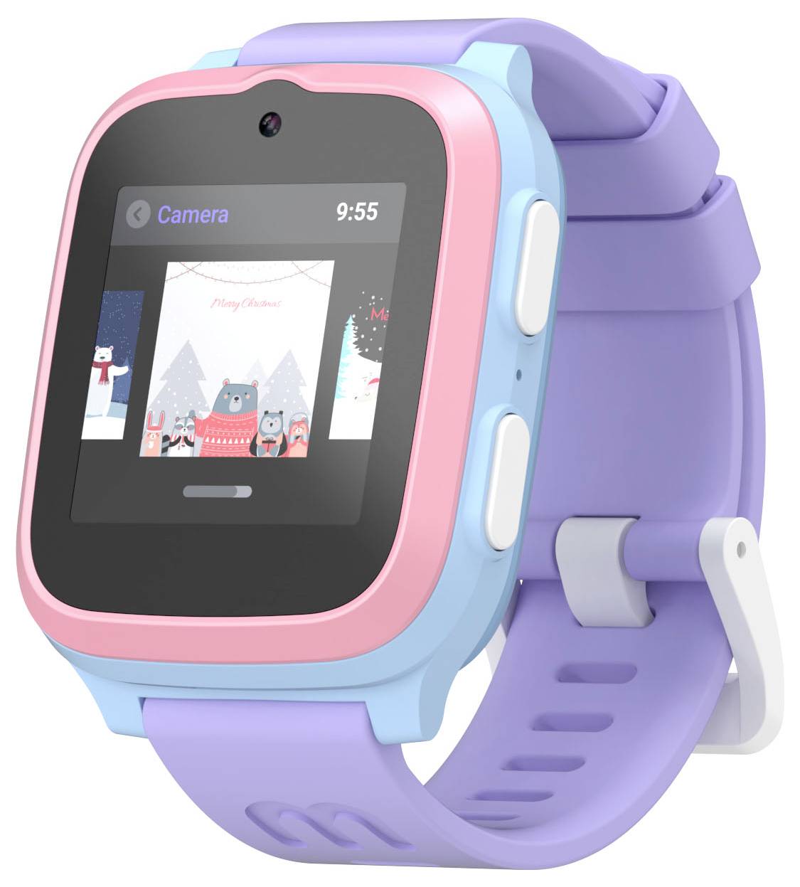 Une montre connectée pour enfants colorée, au design rose et bleu, affiche une image festive sur son écran, présentant un message de vœux de vacances à 9 h 55.