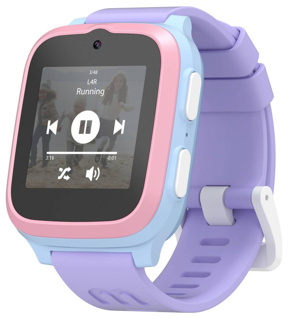 Une montre intelligente pour enfants colorée avec un écran affichant une interface de lecteur musical. La montre dispose d'un bracelet lavande et d'un boîtier rose et bleu.