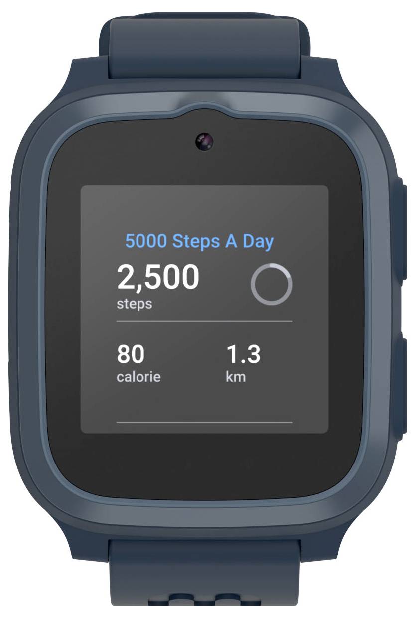 Une montre numérique affiche les statistiques de fitness : « 2 500 pas », « 80 calories », « 1,3 km ». Une barre de progression indique la moitié du chemin vers « 5 000 Pas par Jour ».