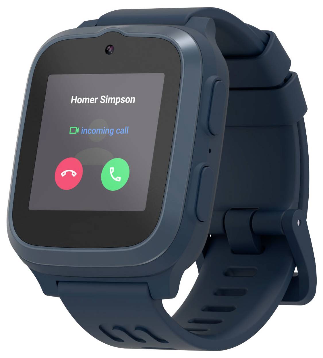 Une montre intelligente bleue affiche un écran d'appel entrant avec des boutons rouge et vert pour refuser ou répondre.