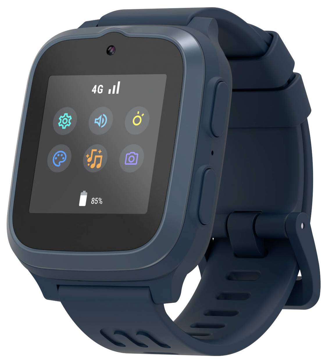 Une montre connectée bleue affichant des icônes de paramètres, volume, musique, appareil photo et connectivité sur son écran, indiquant une batterie à 85%.