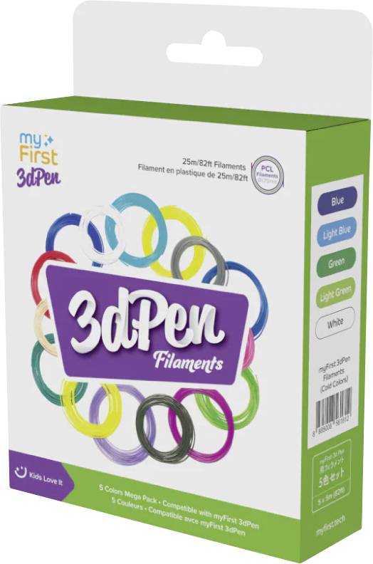 Boîte de 'Filaments pour Stylo 3D' avec des boucles colorées sur le devant, comprenant des rouleaux de 25m/82pi dans cinq couleurs : bleu, bleu clair, vert, vert clair et blanc.