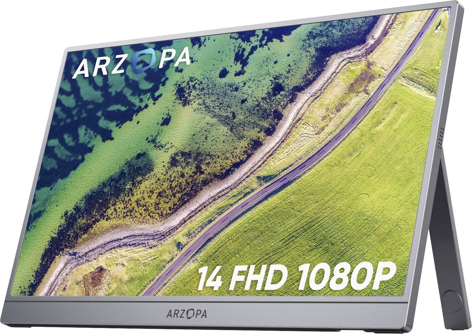 Un moniteur portable affichant une vue aérienne d'un paysage côtier avec des champs et une route. L'écran indique « ARZOPA 14 FHD 1080P ».