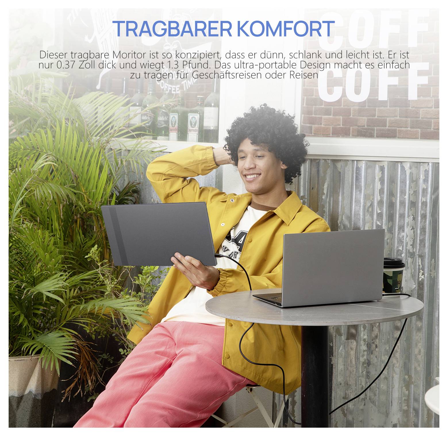 Personne dans un environnement détendu utilisant un moniteur portable fin et léger connecté à un ordinateur portable. Le texte met l'accent sur sa facilité de transport.