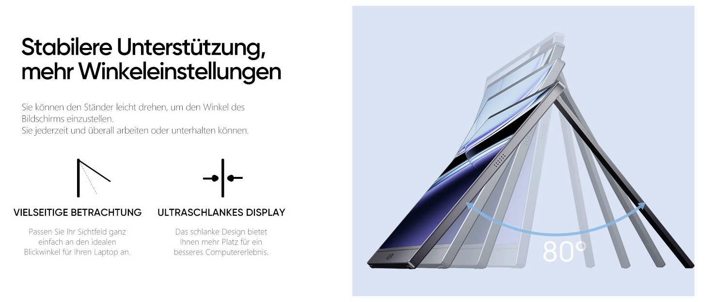 'Support stable, plus d'angles d'inclinaison' présente une tablette avec des réglages de support ajustables, illustrant la polyvalence et un design ultra-fin.