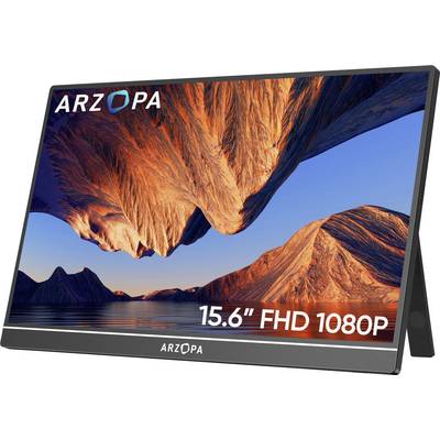 Moniteur portable affichant un paysage panoramique et vibrant de montagnes rocheuses avec une teinte orangée contre un ciel bleu. Texte indiquant '15,6" FHD 1080P'.