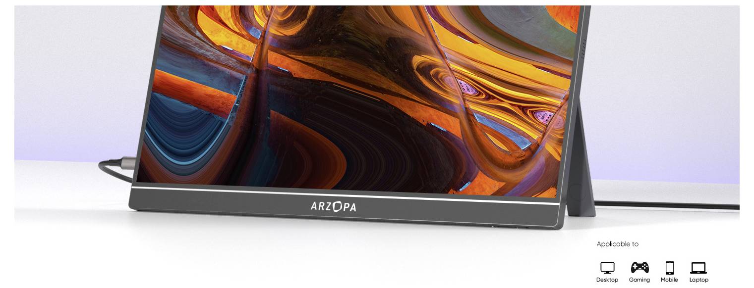 Un moniteur portable avec un écran abstrait et vif est posé sur une surface blanche, révélant des motifs tourbillonnants orange et violets.