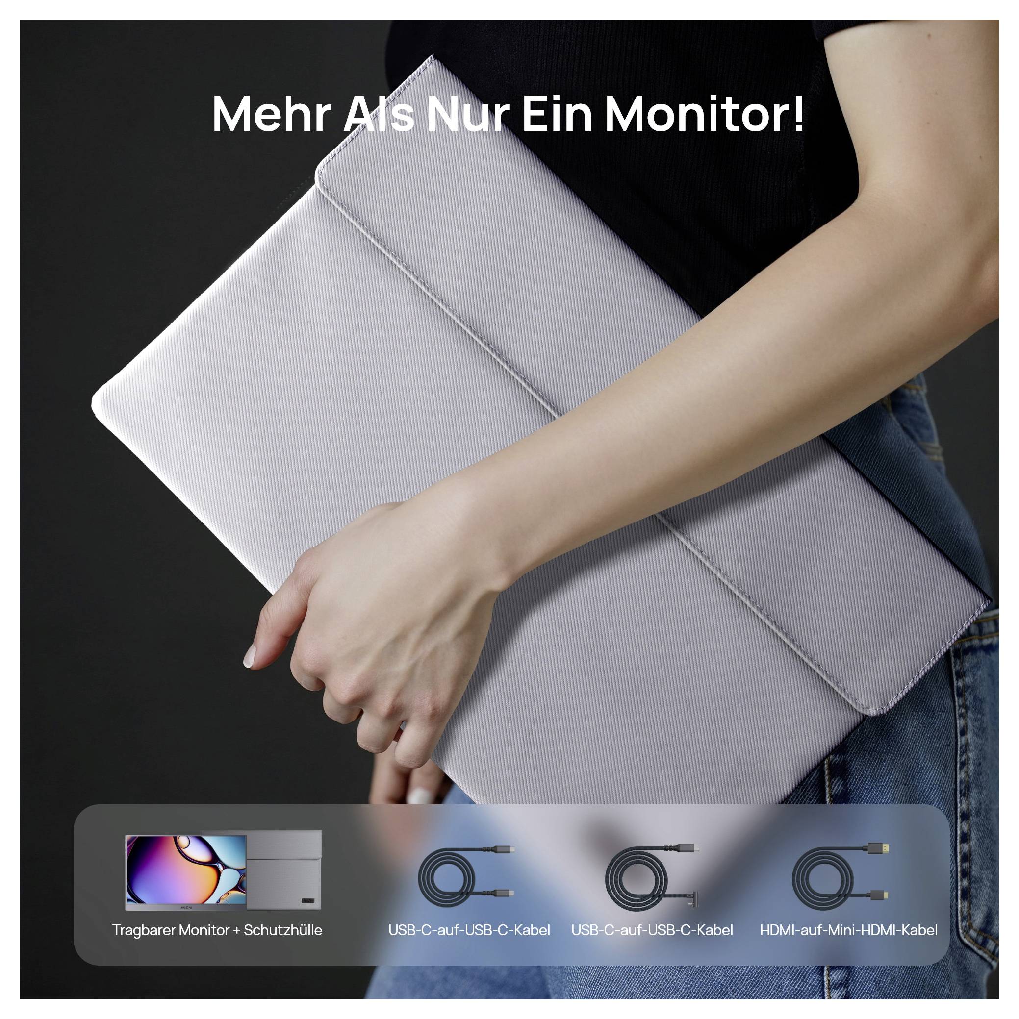 Une personne porte un moniteur portable sous son bras. Le texte indique « Plus qu'un simple moniteur ! ». Au-dessous, des images de câbles : USB-C vers USB-C, USB-C vers USB-A, HDMI.