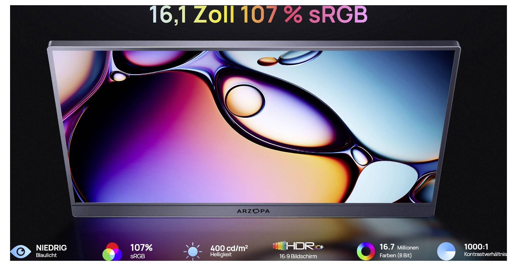 Un moniteur panoramique de 16,1 pouces affiche des couleurs abstraites vibrantes, offrant 107 % de la gamme sRGB, une lumière bleue réduite, la technologie HDR et 16,7 millions de couleurs.