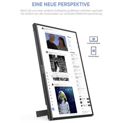 Un écran affiche un flux de médias sociaux avec du texte et des images. L'orientation de l'écran passe du mode paysage au mode portrait. Texte allemand sur le changement de perspective.