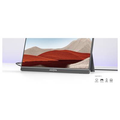 Un écran affichant une image de paysage avec des montagnes et un champ rouge. La marque 'ARZOPA' est visible sur le cadre du moniteur. Des icônes indiquent une utilisation pour ordinateur de bureau, jeux et mobile.