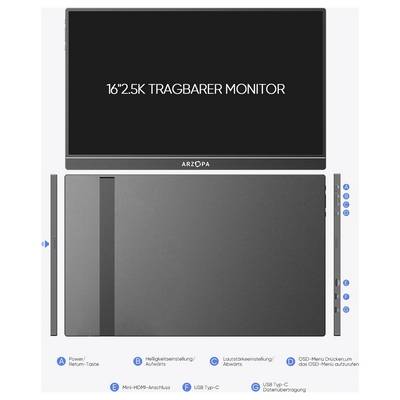 Moniteur portable de 16" 2,5K. L'image présente le moniteur de face avec le logo, une vue de côté montrant les boutons, et met en évidence les fonctionnalités comprenant les ports HDMI et USB.