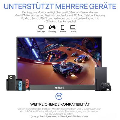 Un écran de moniteur portable affiche un jeu vidéo avec divers appareils de jeu à proximité, étiquetés « Supporte plusieurs appareils » et « Compatibilité étendue ».