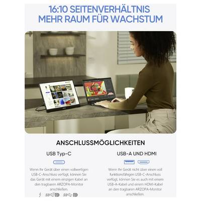 Une femme utilise un ordinateur portable et un écran externe côte à côte. Le texte met en évidence les options de connexion via USB Type-C et USB-A avec HDMI.