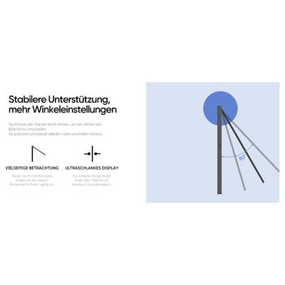 Support stable, plus de réglages d'angle » montre un support de moniteur avec des angles ajustables jusqu'à 80°. Il présente des possibilités de visualisation polyvalentes et un design d'écran élégant.