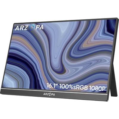 Moniteur portable avec un arrière-plan abstrait bleu et marron tourbillonnant, étiqueté 'ARZOPA' sur le cadre, présentant les caractéristiques '16,1" 100% sRGB 1080P'.