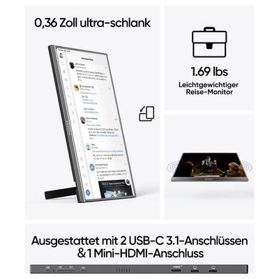 Un moniteur léger, ultra-fin avec une vue verticale des médias sociaux, pesant 1,69 livre. Doté de deux ports USB-C 3.1 et d'un port mini HDMI.
