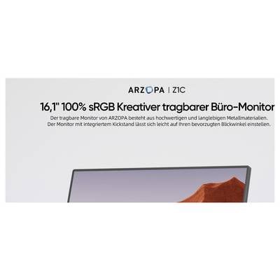 Un moniteur de bureau portable de 16,1 pouces sRGB par ARZOPA, fabriqué à partir de matériaux métalliques durables, doté d'un support intégré réglable pour un angle de vue personnalisé.