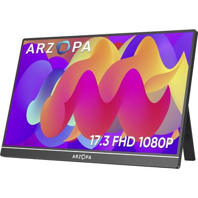 Un moniteur portable avec un affichage abstrait et coloré, étiqueté « ARZOPA 17,3 FHD 1080P », présentant un design élégant avec un support.