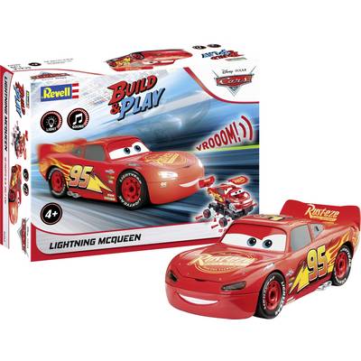 Modèle réduit d'une voiture de course rouge portant le numéro '95' et le nom 'Flash McQueen' sur la boîte, accompagné des détails de montage.