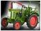 Un tracteur vintage vert avec des roues rouges, étiqueté « Fendt Dieselross », est représenté sur un fond dégradé. La plaque d'immatriculation avant indique « NOH AA 271 ».
