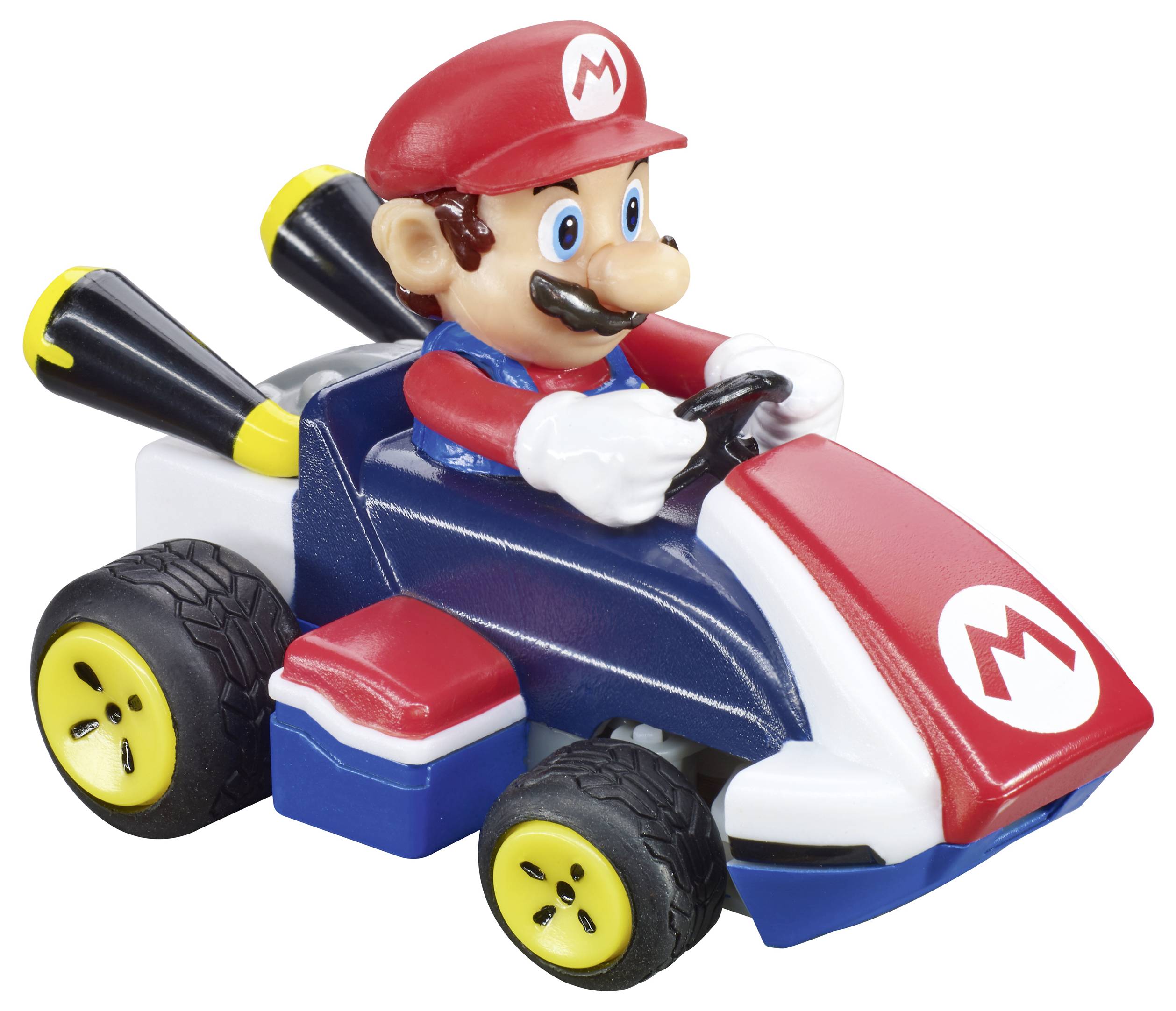 Un kart de jouet avec un personnage portant une casquette rouge et des salopettes bleues, doté de roues jaunes et d'un logo à l'avant.
