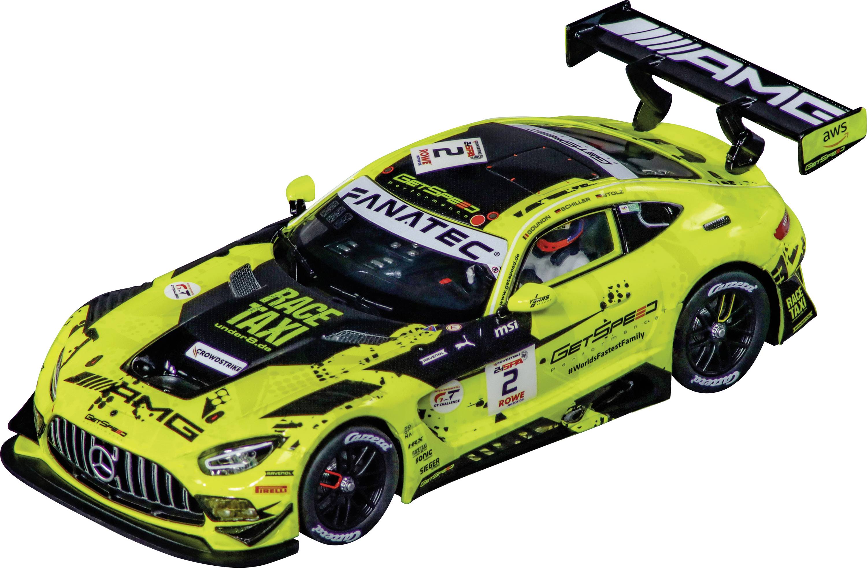 Une voiture de course jaune vif avec des détails noirs, du texte 'RACE TAXI', un grand aileron arrière et divers logos de sponsors sur la carrosserie.