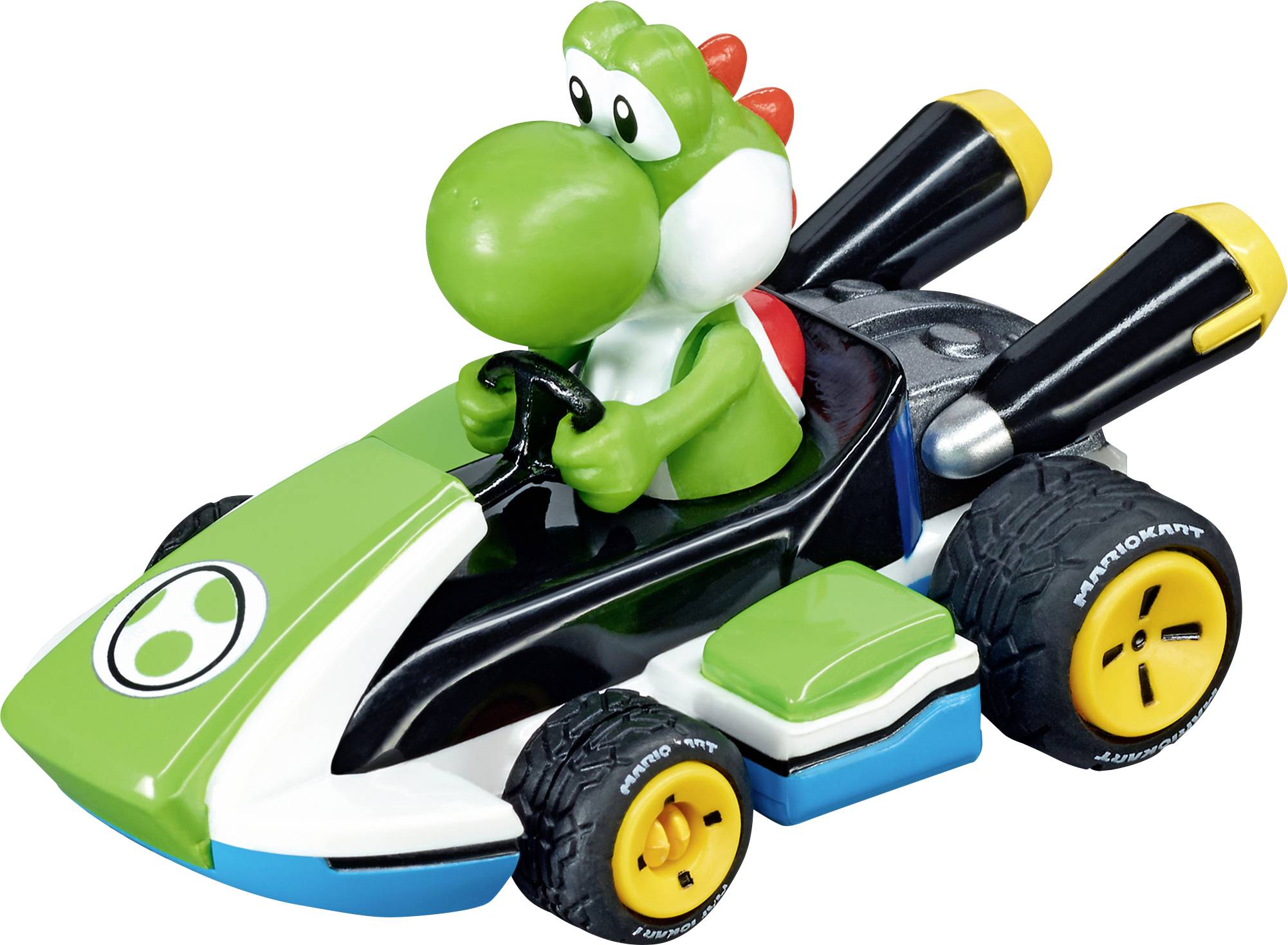 Une voiture miniature représentant un personnage de dinosaure de dessin animé assis dans un véhicule vert et blanc avec des roues jaunes et des doubles échappements à l'arrière.