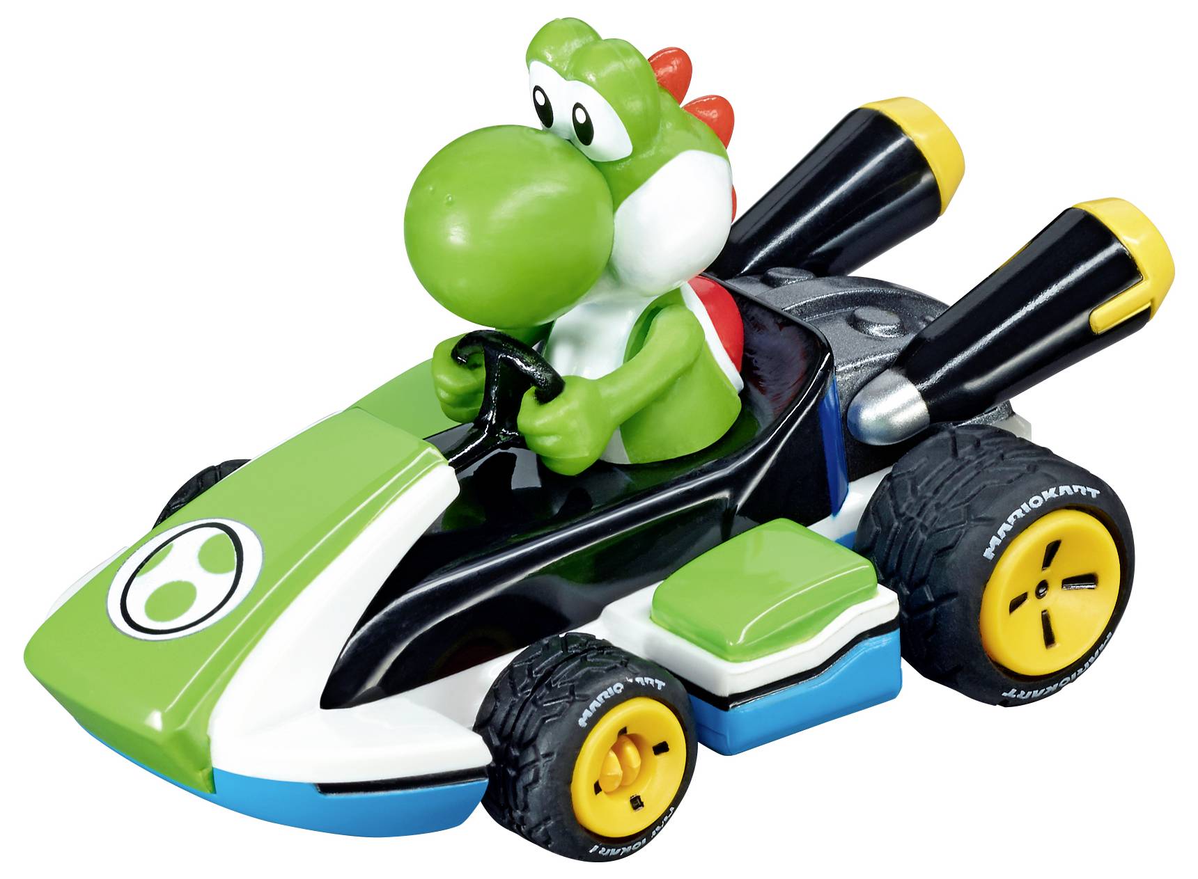 Un kart miniature représentant un personnage ressemblant à un dinosaure vert avec des piques rouges et une carapace blanche, tenant un volant, sur un véhicule vert et blanc.