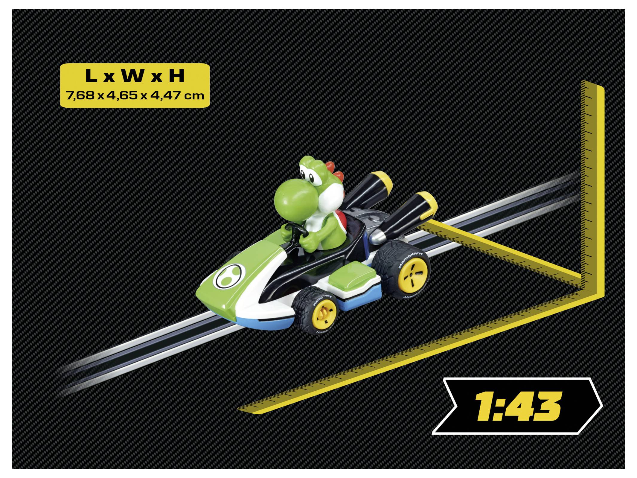 Un personnage de dinosaure vert jouet chevauchant un petit véhicule de course élégant sur un circuit à rainures. Le texte indique « L x l x H 7,68 x 4,65 x 4,47 cm ».