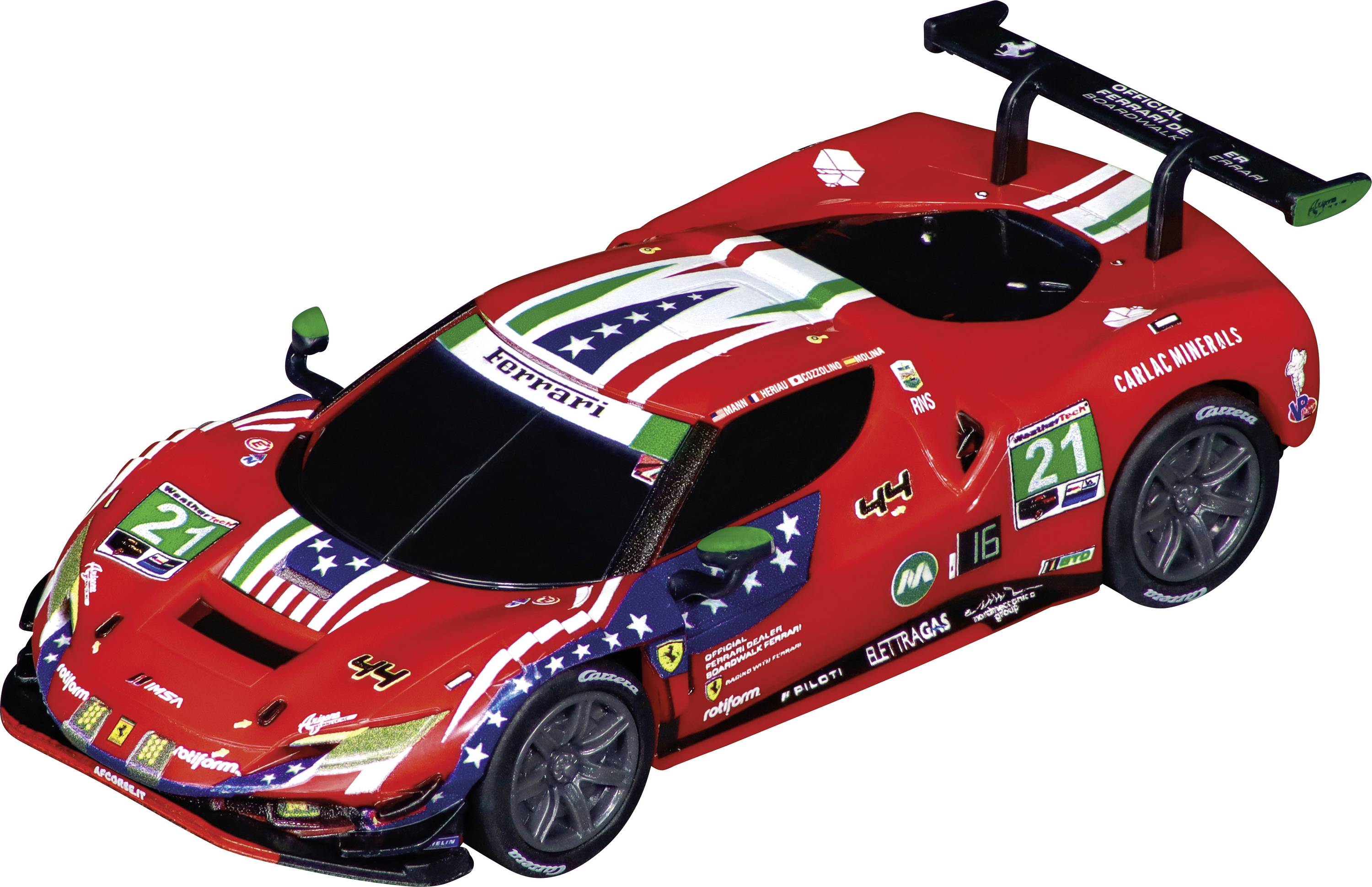 Modèle de voiture de sport rouge avec design du drapeau américain et numéro 21 sur les portières, aileron arrière noir, et divers logos de sponsors sur la carrosserie.