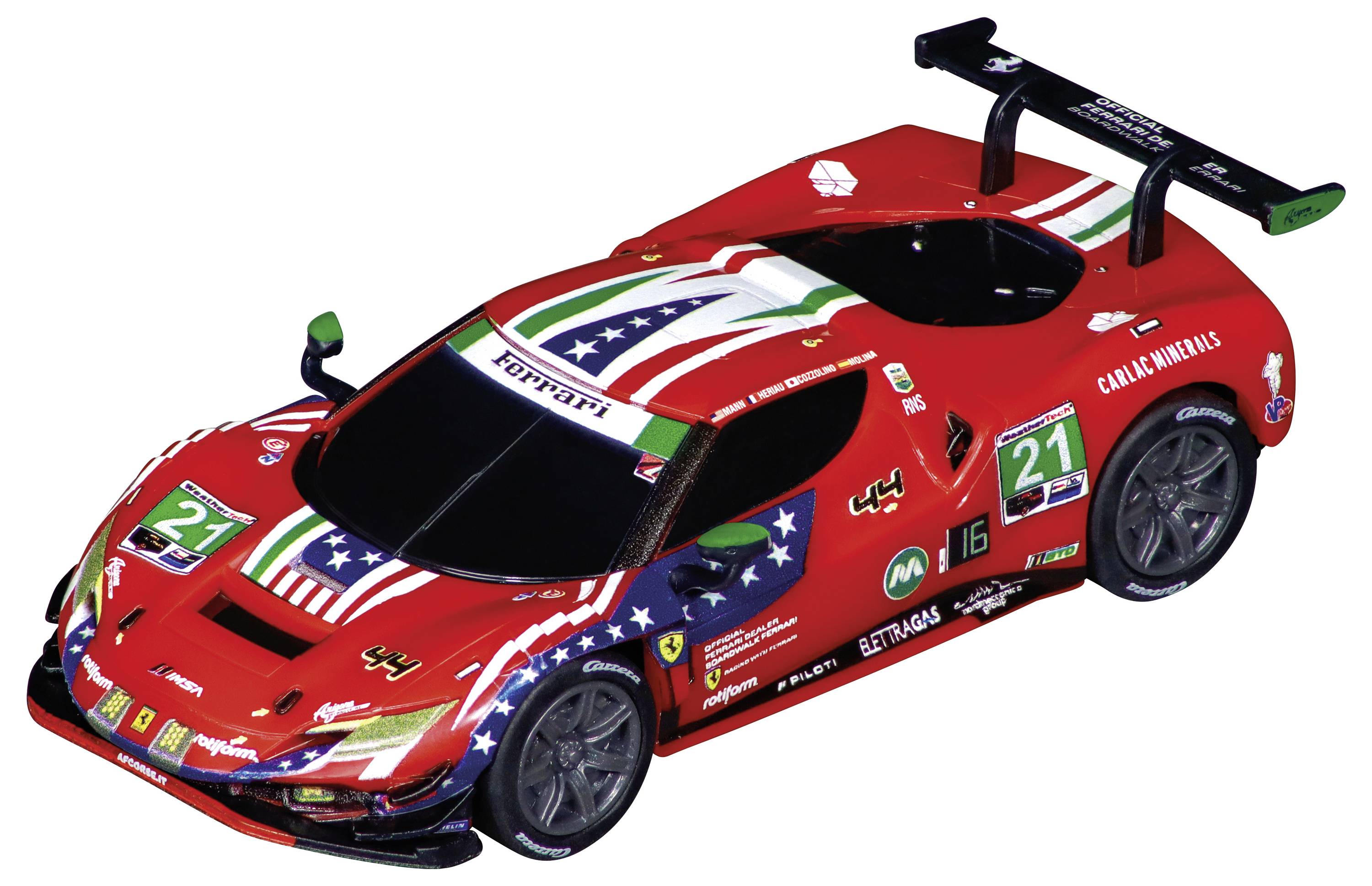 Une voiture de sport rouge avec des décalcomanies de course, comprenant des étoiles, des bandes et le numéro '21', conçue pour des compétitions de course automobile.