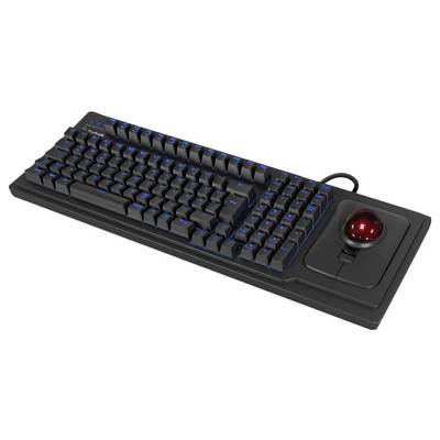 Un clavier noir avec rétroéclairage bleu et un trackball rouge intégré sur le côté droit, utilisé pour la saisie informatique.
