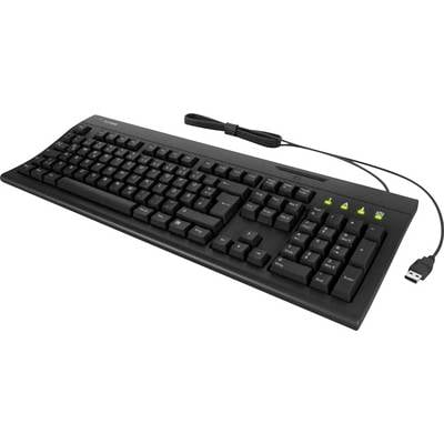 Un clavier filaire noir avec un connecteur USB ; trois voyants verts sont allumés, suggérant un statut actif pour des fonctions spécifiques.