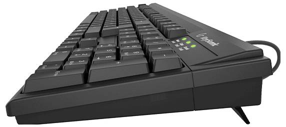 Un clavier filaire noir avec un angle d'inclinaison, doté de voyants verts pour le verrouillage numérique, le verrouillage des majuscules et le verrouillage du défilement.