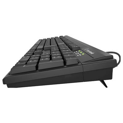 Un clavier filaire noir avec un angle d'inclinaison, doté de voyants verts pour le verrouillage numérique, le verrouillage des majuscules et le verrouillage du défilement.
