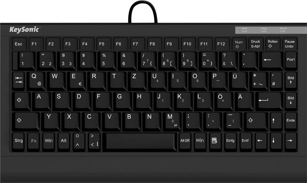 Un clavier compact noir avec disposition allemande QWERTZ, doté de touches de fonction et d'un câble en haut, conçu pour une frappe efficace.