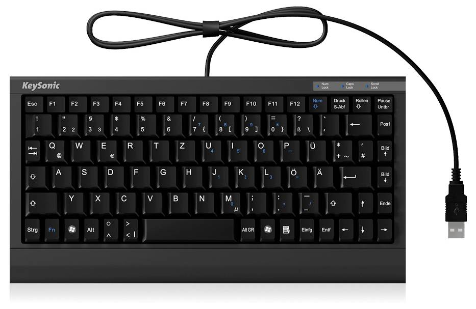 Un clavier compact noir avec disposition QWERTZ et un câble USB détachable, doté de touches de fonction et de caractères spéciaux imprimés en bleu.