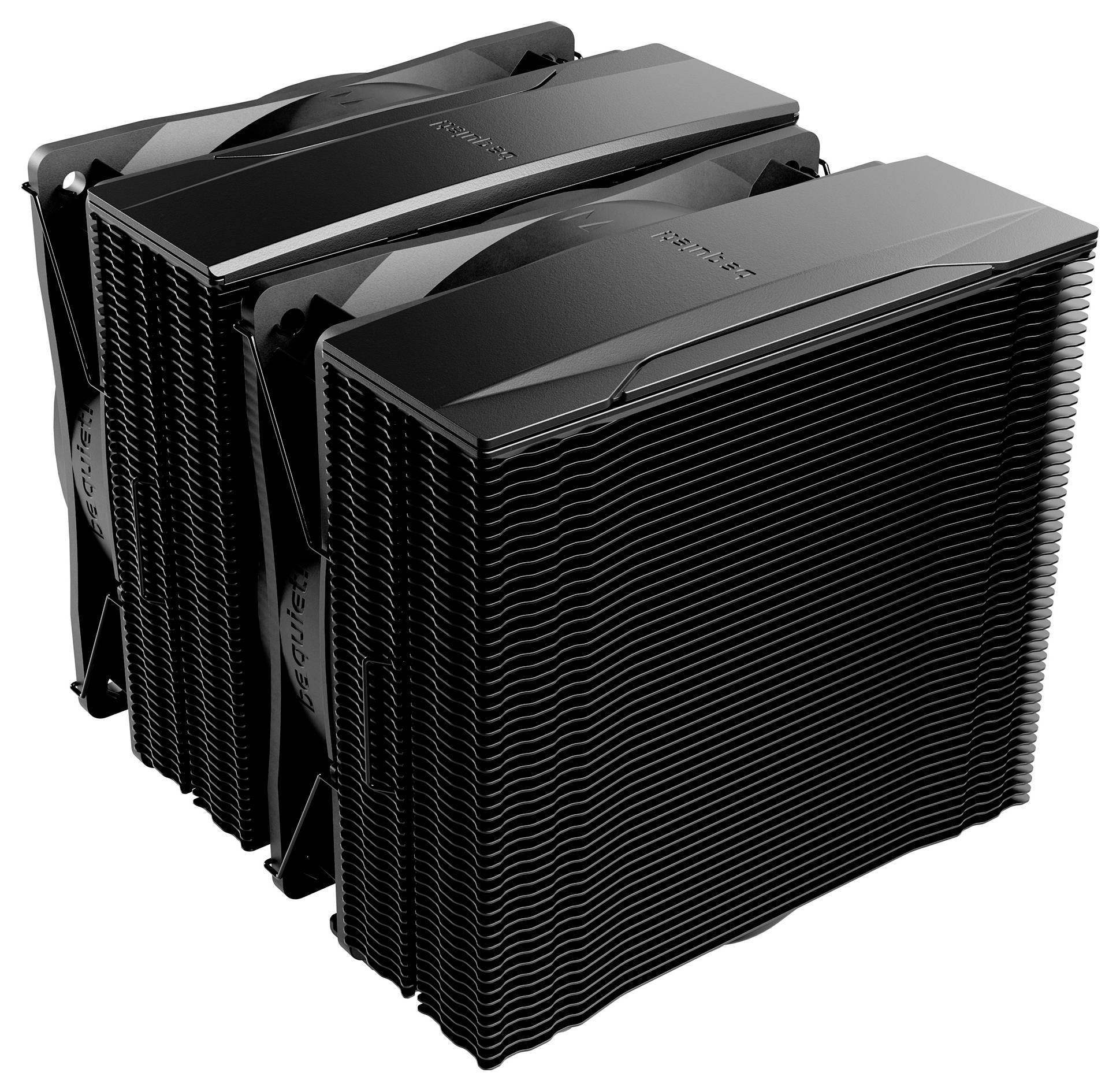 'Dissipateur thermique pour processeur noir à double tour avec plusieurs ailettes et ventilateurs de refroidissement, conçu pour une dissipation de chaleur efficace dans les ordinateurs haute performance.'